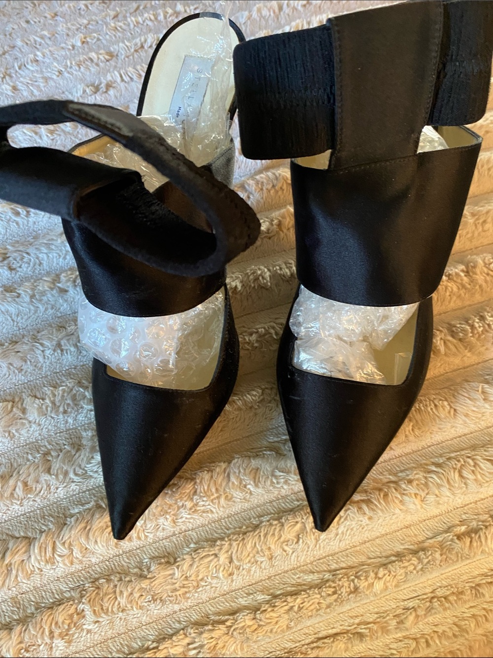 Stella McCartney Black Satin Pointed-Toe Ankle-Strap Pumps